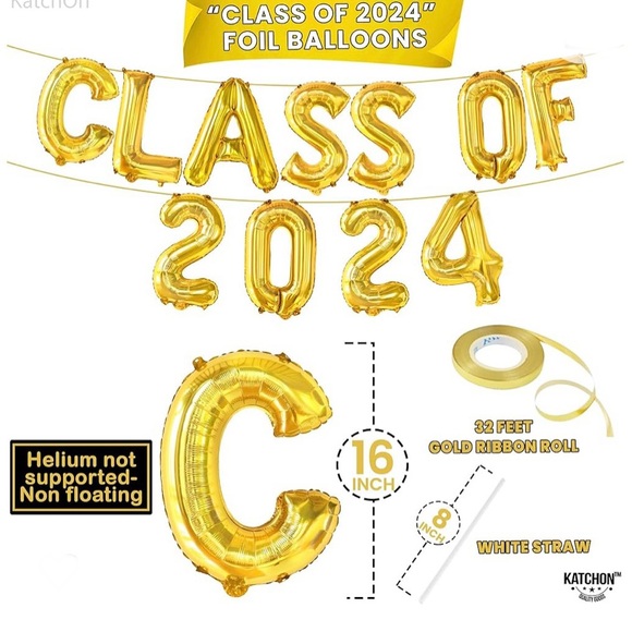 KATCHON Gold colored Class of 2024 foil Balloons  size 16 Inch NEW in package - Picture 3 of 3